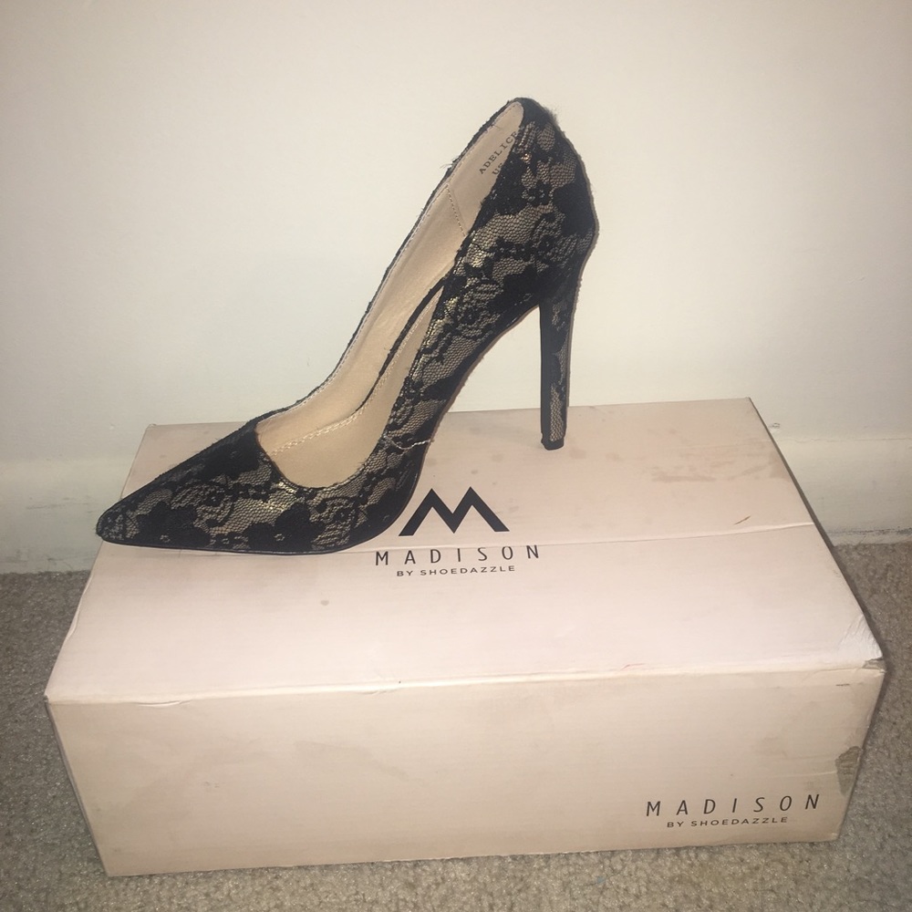 Brand new Black and gold mesh lace heels.